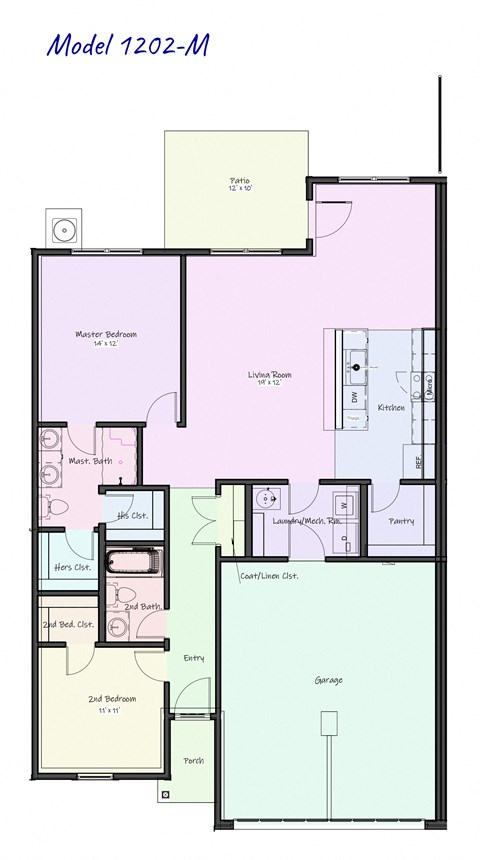 Floor plan for 2 beds, 2 baths, 1202 sqft